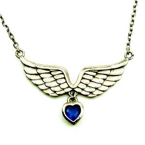 Sterling silver blue‎ topaz Guardian Angel wings necklace vintage religious gift
